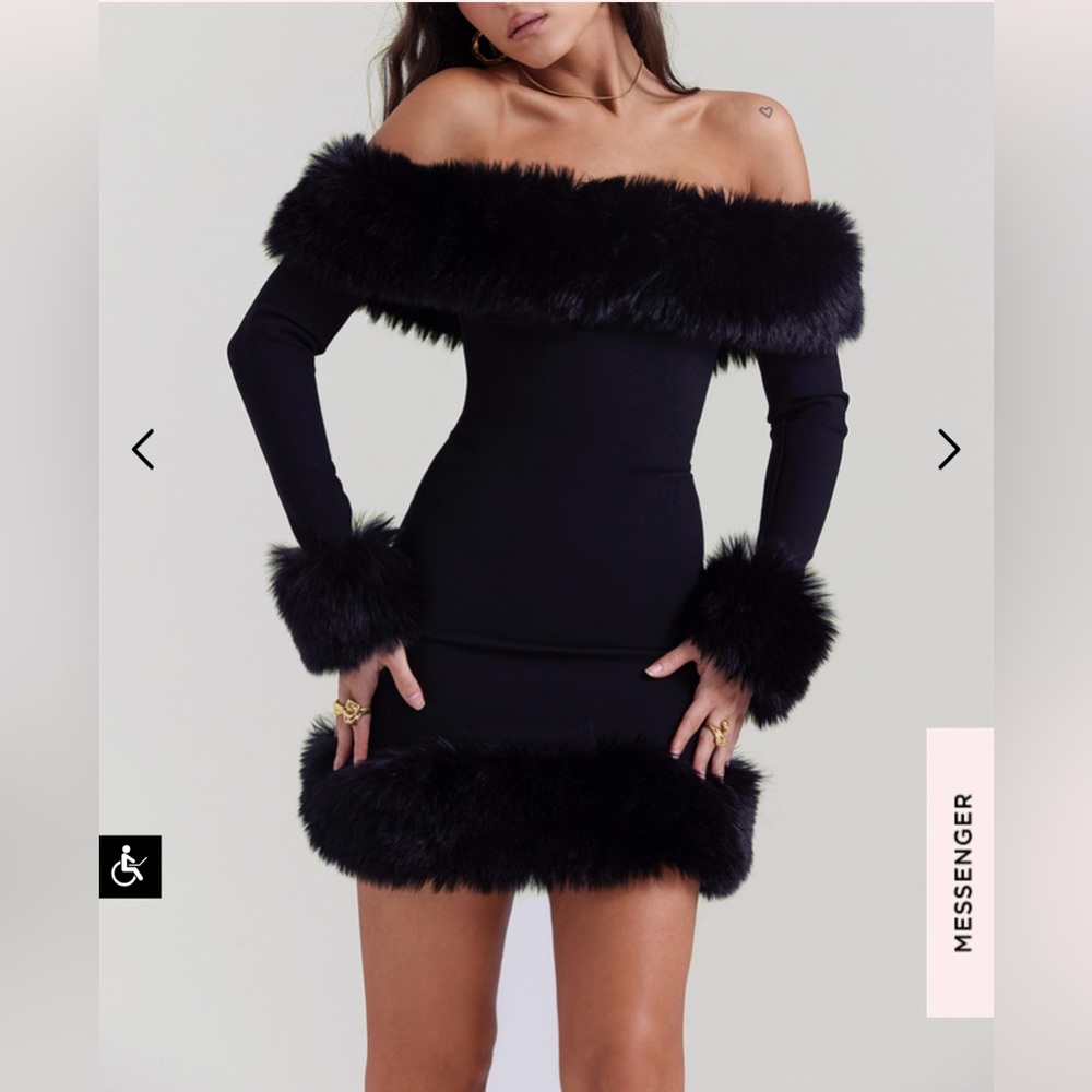 House of CB off the Shoulder Fur Long Sleeve Dress